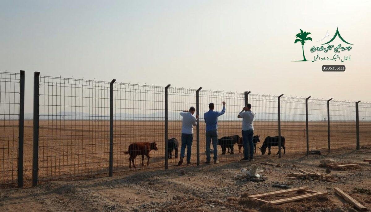 A modern and secure farm fence in Hail, Saudi Arabia. The image shows a team of workers expertly installing a sleek metal mesh fencing system, designed to protect the property while blending seamlessly into the rural landscape. The fencing features clean, minimal lines and a muted color palette that complements the natural surroundings. Soft, diffused lighting casts an even glow, highlighting the skilled craftsmanship and attention to detail in the installation process. The resulting fence offers robust security without compromising the aesthetic appeal of the farm, creating a harmonious balance between form and function.