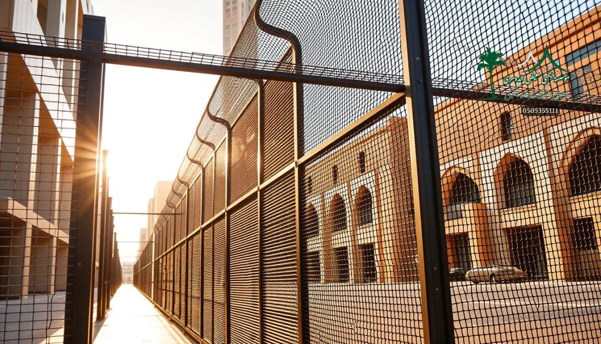 A modern and sleek security fencing system adorns the streets of Makkah, Saudi Arabia. Elegant metal mesh panels, expertly crafted, seamlessly blend form and function. Skilled workers meticulously install the system, ensuring a flawless integration with the city's architectural landscape. Warm sunlight filters through the mesh, casting intricate patterns on the ground below. The fencing exudes a sense of both protection and refined aesthetics, perfectly complementing the vibrant surroundings. This captivating scene showcases the city's commitment to incorporating decorative and functional elements that enhance the urban experience.