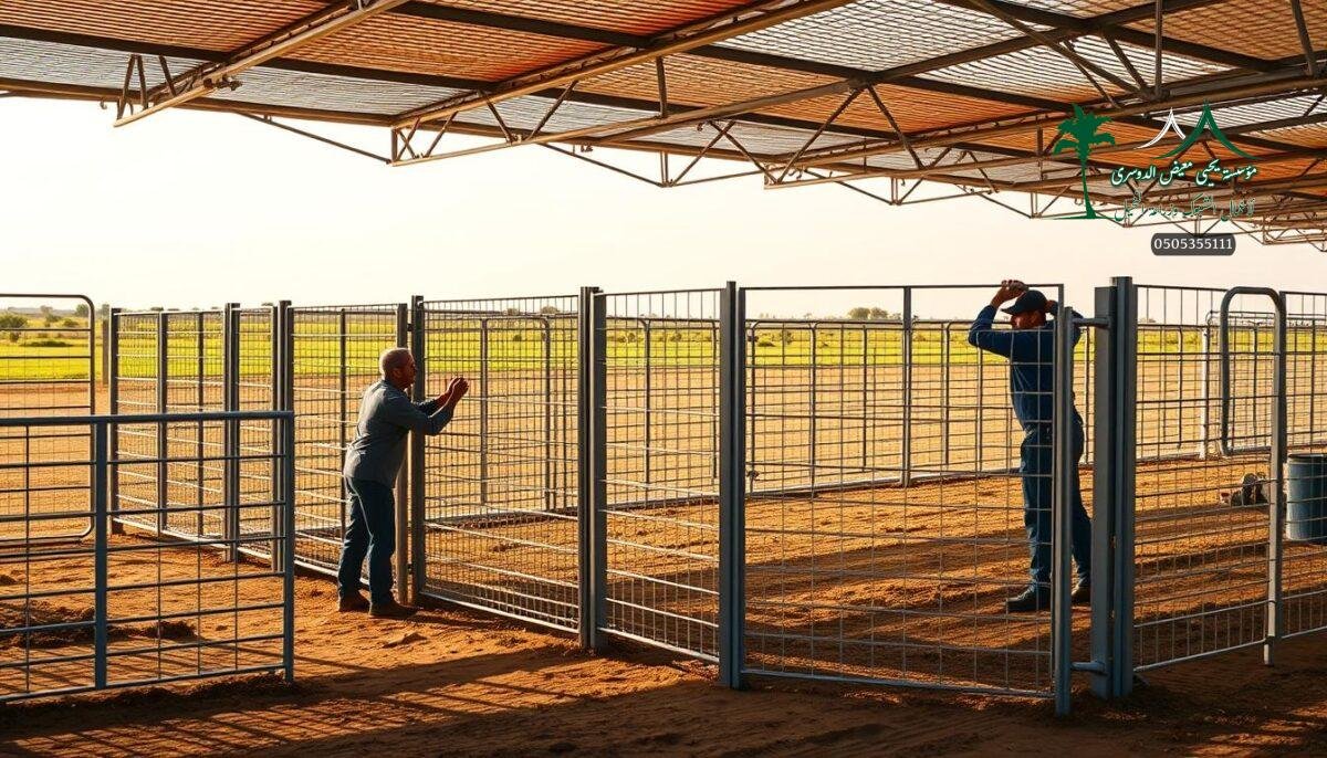 A modern and sturdy ranch fence display in the Hail region of Saudi Arabia. Showcasing a variety of metal mesh designs in clean, minimalist styles, with workers expertly installing the sleek panels against a backdrop of lush farmland. The fences offer robust security and animal containment, while maintaining an elegant, contemporary aesthetic. Warm sunlight casts soft shadows, highlighting the high-quality materials and meticulous craftsmanship. The scene conveys a sense of innovation, functionality, and pride in agricultural infrastructure.