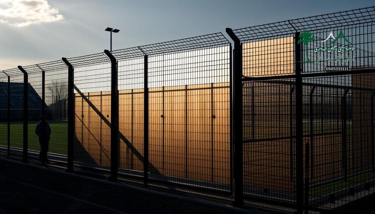 A modern and visually striking sports fence design, featuring sleek metal mesh panels in a range of metallic tones. The fence is being expertly installed by skilled workers, creating a secure and aesthetically pleasing perimeter around the sports facilities. Dramatic lighting casts long shadows, highlighting the fence's intricate structure and adding depth and dimension to the scene. The overall atmosphere is one of industrial sophistication, blending function and form to create an impressive and secure boundary for the sports complex.
