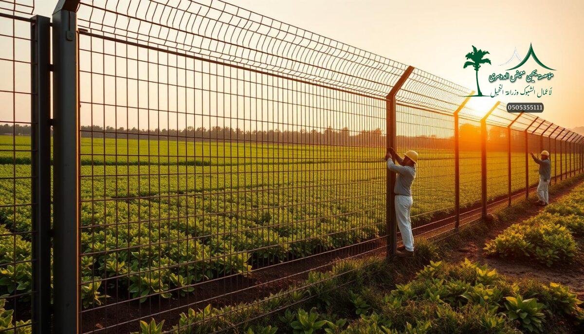 A modern and well-secured farm in Saudi Arabia, with workers diligently installing a sturdy metal mesh fence. The fence, known as "Shabak Mazare'", stands tall, creating a sense of safety and protection for the property. The scene features a lush, verdant background, with the sun's warm rays casting a gentle glow over the entire setting. The fence's intricate design blends seamlessly with the rural landscape, showcasing the perfect balance of functionality and aesthetics. The workers, dressed in practical attire, skillfully maneuver the fence panels, ensuring a secure and durable installation that will safeguard the farm for years to come.