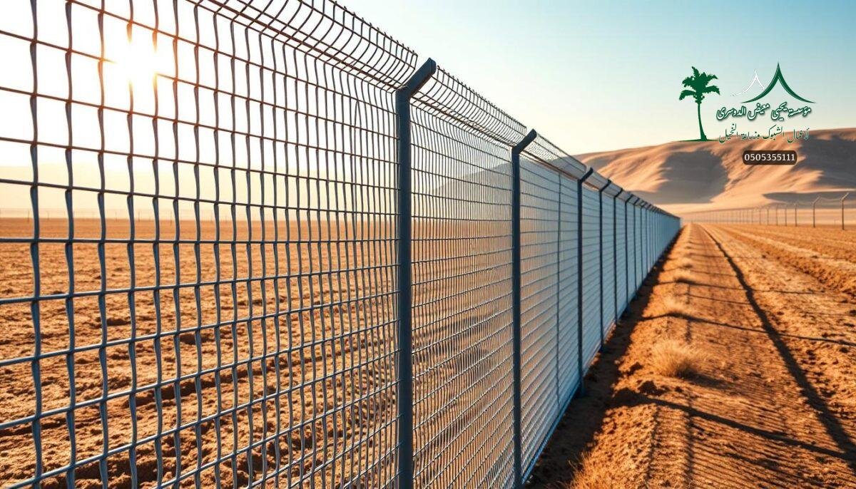A modern, durable farm fence stretches across the Saudi Arabian countryside. Sturdy metal mesh panels, expertly engineered for long-lasting security, are meticulously installed by skilled workers. Warm sunlight filters through the intricate lattice, casting dynamic shadows that dance across the landscape. The fence's sleek, minimalist design blends seamlessly with the natural surroundings, exuding a sense of quality craftsmanship and reliable performance. This image captures the essence of quality assurance and extended service life, essential characteristics of these versatile fencing solutions.