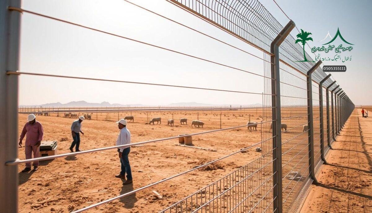A modern farm fence in Saudi Arabia, its steel mesh shimmering under the warm desert sun. The frame is sturdy, built to withstand the elements, promising years of reliable security. In the foreground, skilled workers meticulously install the fence, their expertise ensuring a flawless finish. The middle ground showcases the fence's seamless integration with the landscape, blending form and function. In the background, the vast expanse of the Ahsa farmland stretches, a testament to the region's agricultural prowess. This fence embodies the uncompromising quality and long-lasting durability that will safeguard the farm's future.