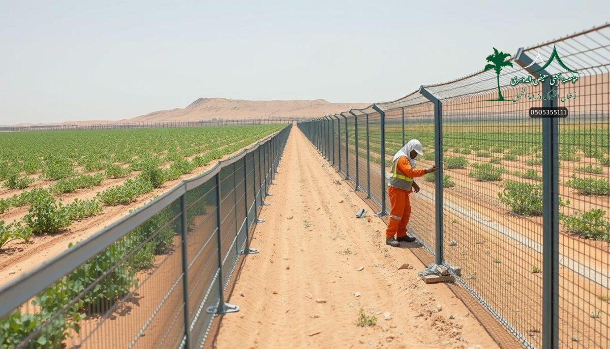 A modern farm in Jazan, Saudi Arabia, 2026. Sturdy metal mesh fences stretch across the landscape, their sleek design a testament to durability and wind resistance. Workers in protective gear carefully install the panels, ensuring a secure perimeter that safeguards the crops from the region's intense heat and gusts. The fences' long lifespan and low maintenance requirements guarantee quality and reliability, seamlessly blending form and function to create an efficient, sustainable solution for the future of agriculture in this arid climate.