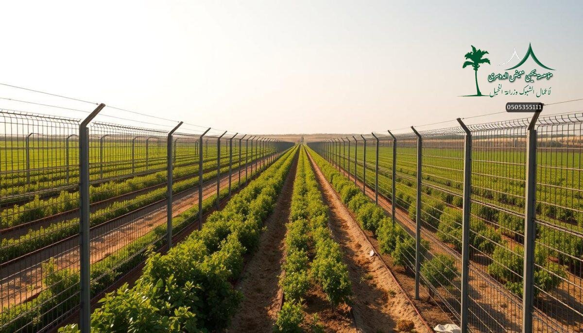 A modern farm in Najran, Saudi Arabia, with a meticulously designed security fence system. Sturdy metal mesh panels are expertly installed by a team of skilled workers, ensuring a seamless and robust perimeter that blends harmoniously with the surrounding landscape. Warm sunlight filters through the mesh, casting a soft glow over the well-maintained grounds. In the middle ground, rows of lush crops and orchards thrive, protected by the state-of-the-art fencing infrastructure. The background features a distant, hazy mountain range, adding depth and tranquility to the scene. This integrated security solution, executed by the Yahya Mu'ayd Al-Dossary Foundation, embodies the region's commitment to agricultural advancement and safety.
