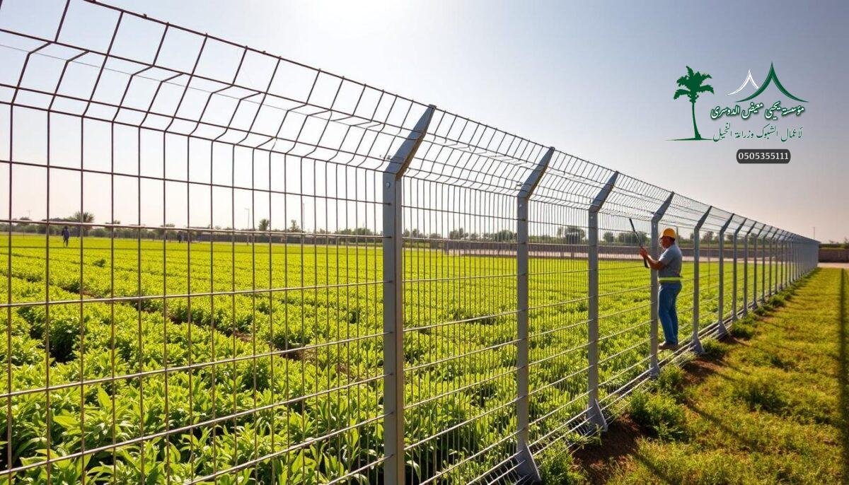 A modern farm in Saudi Arabia, with workers carefully installing a sturdy and secure metal mesh fence. The fence stretches across the lush, verdant landscape, its metallic sheen reflecting the bright sun overhead. The design is sleek and minimalist, yet highly effective in providing robust security and safety for the property. The fence seamlessly blends into the environment, complementing the natural surroundings while offering a high level of protection. Precise attention to detail is evident in the meticulous installation, ensuring the fence's strength and durability for years to come.