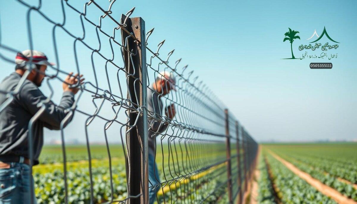 A modern farm in the Jouf region of Saudi Arabia, with workers carefully installing a sturdy metal mesh security fence. The fence, designed to withstand harsh weather conditions, features sharp, interlocking points along the top to deter any potential intruders. The foreground showcases the intricate details of the fence's construction, while the middle ground depicts the lush, verdant farmland it is meant to protect. In the background, the clear blue sky and distant horizon create a sense of tranquility, underscoring the importance of this security measure in the region's agricultural landscape.