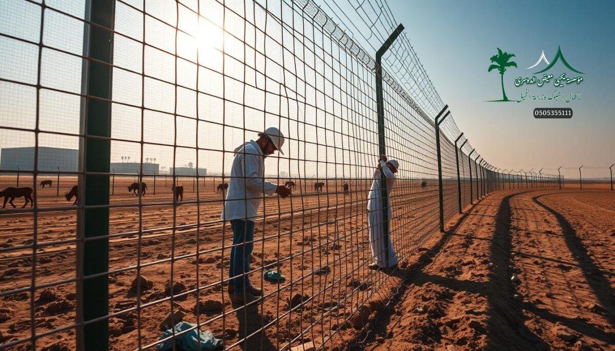 A modern farm in the Jubail region of Saudi Arabia, where skilled workers meticulously install sturdy metal mesh fencing. The scene captures the attention to detail and craftsmanship required for constructing secure, long-lasting agricultural barriers. The fencing seamlessly blends with the rural landscape, showcasing the latest advancements in farm security and sports fence technology. Warm sunlight filters through the mesh, casting dynamic shadows on the ground and creating a sense of depth and dimension. The overall mood conveys a balanced harmony between functionality, durability, and aesthetic appeal.