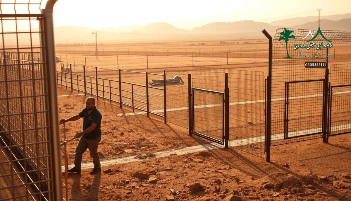 A modern farm in the Saudi Arabian city of Arar, featuring a variety of advanced security and sports fences. In the foreground, workers carefully install a sturdy metal mesh fencing system, ensuring robust protection. The middle ground showcases various fence designs, including sleek, high-tensile wire barriers and decorative wrought-iron panels. In the background, the expansive landscape of Arar frames the scene, highlighting the integration of these practical and visually appealing fencing solutions within the local environment. Warm, golden sunlight filters through, casting a sense of durability and reliability upon the entire composition.