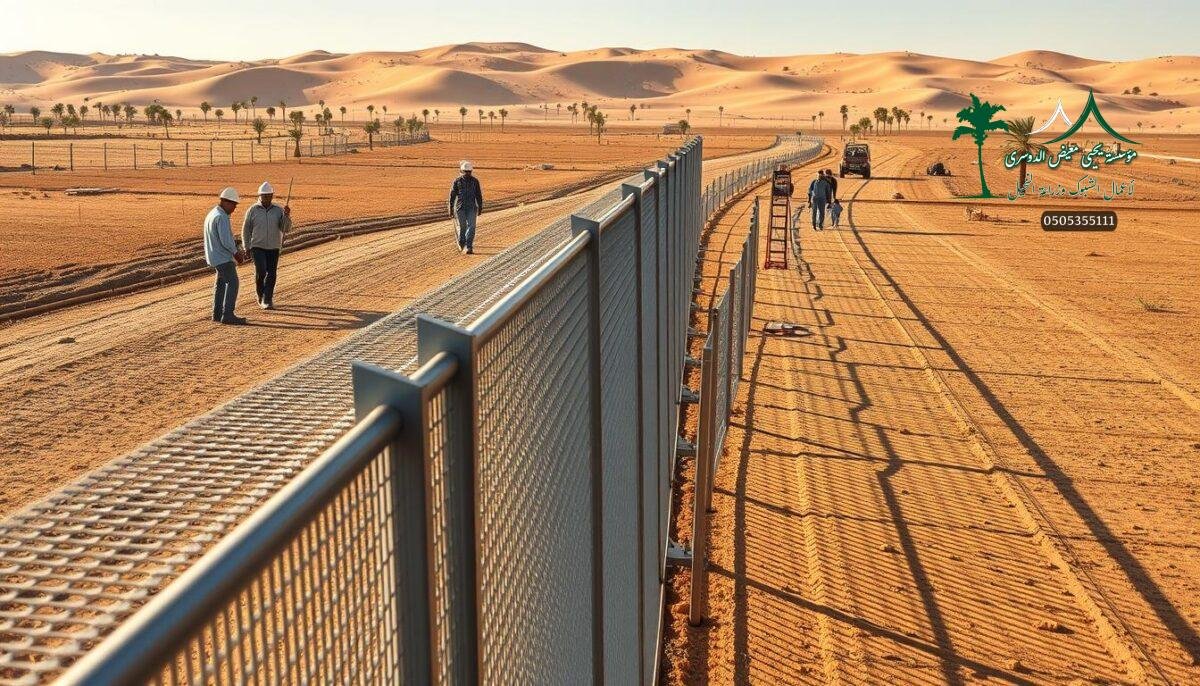 A modern farm in the heart of Khamis Mushait, Saudi Arabia. A team of skilled workers carefully installs a robust metal mesh fence, designed to provide security and demarcation for the property. The fence panels reflect the warm desert sunlight, casting intricate shadows across the well-tended fields. In the foreground, the mesh seamlessly blends with the surrounding landscape, creating a sense of cohesion and functionality. The middle ground features a variety of fence posts and support structures, each engineered to withstand the region's harsh environmental conditions. In the background, the gently undulating terrain and scattered palm trees create a picturesque, pastoral scene, complementing the practical nature of the security fencing. The overall mood is one of efficiency, durability, and a harmonious integration of function and form.