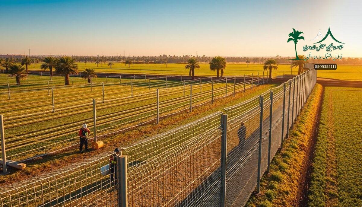 A modern farm nestled in the heart of Buraydah, Saudi Arabia, where skilled workers meticulously install sleek, high-quality security and sports fences. The scene is bathed in warm, golden sunlight, casting long shadows across the meticulously manicured landscape. In the foreground, workers in hard hats and safety gear seamlessly integrate metal mesh panels, creating a sturdy and visually appealing barrier. The middle ground showcases the impressive scale of the project, with rows of fencing stretching out into the distance. In the background, the lush green fields and towering palm trees provide a serene natural backdrop, highlighting the harmony between the engineered structures and the surrounding environment.
