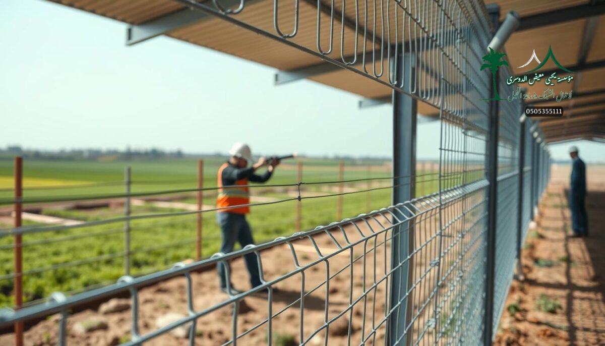 A modern farmyard in Unayzah, Saudi Arabia, with professional installers carefully assembling a robust metal mesh fence system. The foreground showcases the intricate weaving of the durable wire panels, while the middle ground reveals the fence's sturdy steel posts and tension wires. In the background, lush green fields and a clear blue sky set the scene for this practical yet aesthetically pleasing security solution. The lighting is natural and diffused, highlighting the fence's sleek, industrial design. The overall mood conveys a sense of safety, functionality, and attention to detail in the fence's engineering and installation.