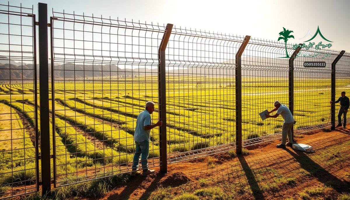 A modern, high-quality iron fence being installed by skilled workers in the lush, verdant landscape of Abha, Saudi Arabia. The fence is constructed with sturdy, interlocking metal mesh panels, creating a secure and visually striking boundary for a prosperous farm. Warm, natural sunlight filters through the fence, casting intricate shadows on the surrounding terrain. The fence's sleek, minimalist design seamlessly blends with the region's traditional architectural elements, resulting in a harmonious and aesthetically pleasing integration of form and function.