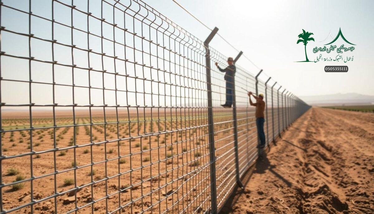 A modern, high-quality metal mesh farm security fence stands tall in the desert landscape of Tabuk, Saudi Arabia. Skilled workers carefully install the sturdy, corrosion-resistant panels, ensuring a durable and long-lasting barrier to protect the valuable crops. The fencing casts dramatic shadows under the harsh sunlight, creating a sense of strength and reliability. In the foreground, the intricate weave of the mesh shimmers, while the middle ground reveals the expansive farmland beyond. The background fades into a hazy horizon, emphasizing the fence's purpose as a reliable guardian of the agricultural bounty. This image captures the professional craftsmanship and quality materials that will provide years of dependable service to the Tabuk farms.