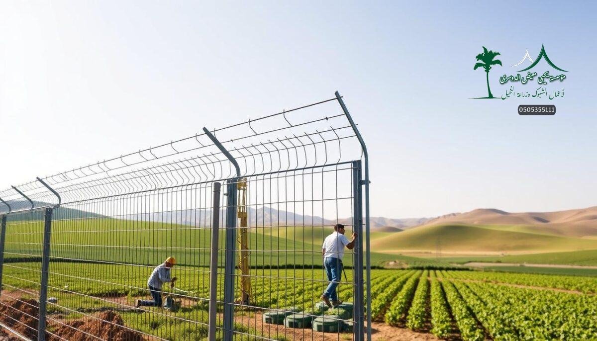 A modern, high-security farm fence in Khamis Mushait, Saudi Arabia. The foreground features a tall, electrified wire mesh fence with sharp, jagged spikes along the top, creating a formidable barrier. The middle ground shows workers carefully installing the fence, using specialized tools and equipment. In the background, a lush, verdant landscape with rolling hills and a clear sky provides a peaceful contrast to the imposing security measures. Bright, directional lighting casts dynamic shadows, emphasizing the fence's imposing stature and strength. The overall scene conveys a sense of comprehensive protection and safety for the valuable crops and assets within.