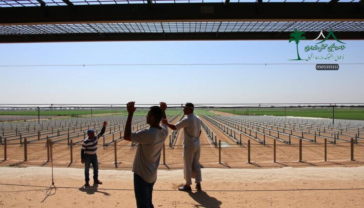 A modern industrial landscape in the Saudi Arabian town of Qatif. In the foreground, workers carefully install a sturdy metal mesh fence, its sharp lines cutting a bold silhouette against the bright sky. The fence, known locally as "Shabwak Himayah", is a crucial security measure, providing protection and peace of mind. In the middle ground, rows of identical fencing sections stretch out, their uniform patterns emphasizing the importance of this infrastructure. The background reveals a lush, verdant countryside, a testament to the region's agricultural prowess. The scene conveys a sense of order, safety, and progress, all woven together by the functional yet aesthetically pleasing "Shabwak Himayah" fencing system.