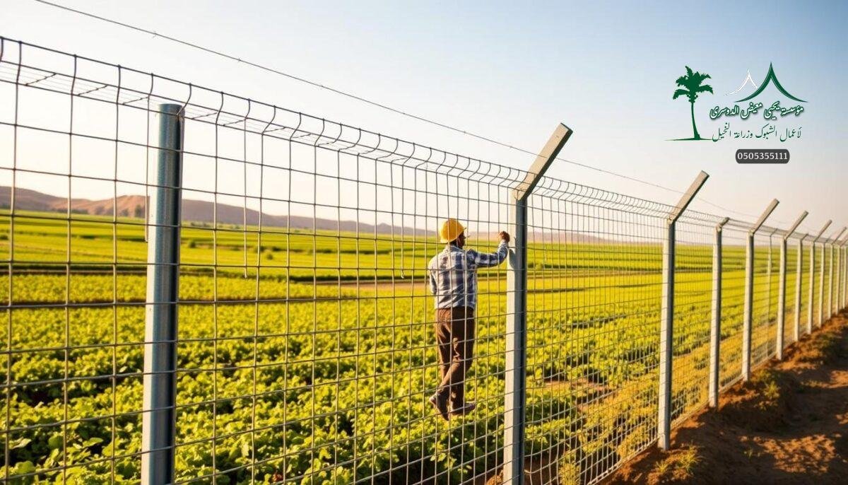 A modern metal mesh fence system in the lush agricultural landscape of Al-Ahsa, Saudi Arabia. Sturdy steel posts support panels of galvanized wire, creating a robust barrier against intruders. Skilled workers meticulously install the fencing, ensuring a seamless, uniform appearance that blends harmoniously with the surrounding farmland. The fencing exudes an aura of security and durability, well-suited to withstand the region's harsh environmental conditions. Warm sunlight filters through the woven mesh, casting dynamic shadows and highlighting the fence's intricate construction. This contemporary, weather-resistant fencing solution is a reliable choice for protecting the valuable crops and livestock of the prosperous Al-Ahsa region.
