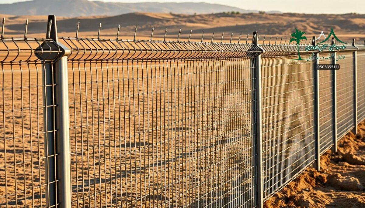 A modern, robust electric and spike fence system for a Saudi Arabian farm, featuring sleek metal mesh panels seamlessly integrated into the landscape. Sturdy metal posts and wires create a formidable barrier, complemented by sharp spikes along the top for enhanced security. The fence is expertly installed by skilled workers, strategically positioned to provide maximum protection for the property. Warm, natural lighting casts shadows across the textured surface, accentuating the fence's imposing yet refined aesthetic. The scene conveys a sense of secure, well-designed agricultural infrastructure, ready to safeguard the valuable crops and livestock within.