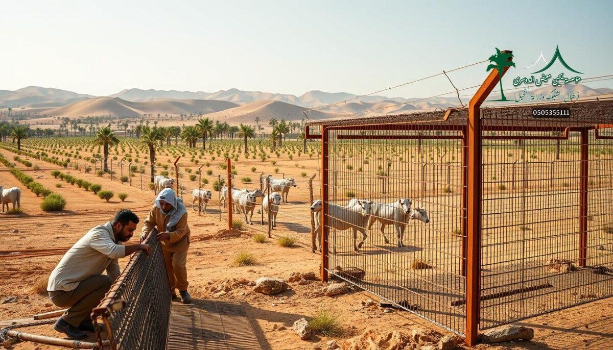 A modern, rust-resistant agricultural fence system in Hofuf, Saudi Arabia's Al-Ahsa region, circa 2026. In the foreground, workers carefully install sturdy metal mesh panels, their hands and tools illuminated by the warm desert sun. The mid-ground features a well-designed, modular fence infrastructure, optimized for the region's hot climate. In the background, a sprawling farm landscape stretches out, dotted with lush palm trees and arid, rolling hills. The overall scene conveys a sense of progress, durability, and environmental harmony - a testament to the innovative fencing solutions realized by the Yahya Moayyad Al-Dosari Foundation in Al-Ahsa.