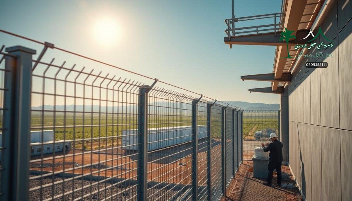 A modern, sleek industrial landscape unfolds, showcasing a showcase of top-of-the-line security fencing solutions. In the foreground, workers meticulously install a gleaming metal mesh barrier, designed to safeguard homes and establishments from potential threats. The fencing seamlessly blends form and function, with clean lines and a minimalist aesthetic that harmonizes with the surrounding architecture. Overhead, the sun casts a warm, golden glow, illuminating the scene and highlighting the attention to detail in the construction process. In the background, a verdant Saudi Arabian landscape provides a serene backdrop, underscoring the fusion of modernity and nature. This comprehensive image captures the essence of "شبوك شوكية الخبر 2026" - a cutting-edge security system that promises maximum protection for the year ahead.
