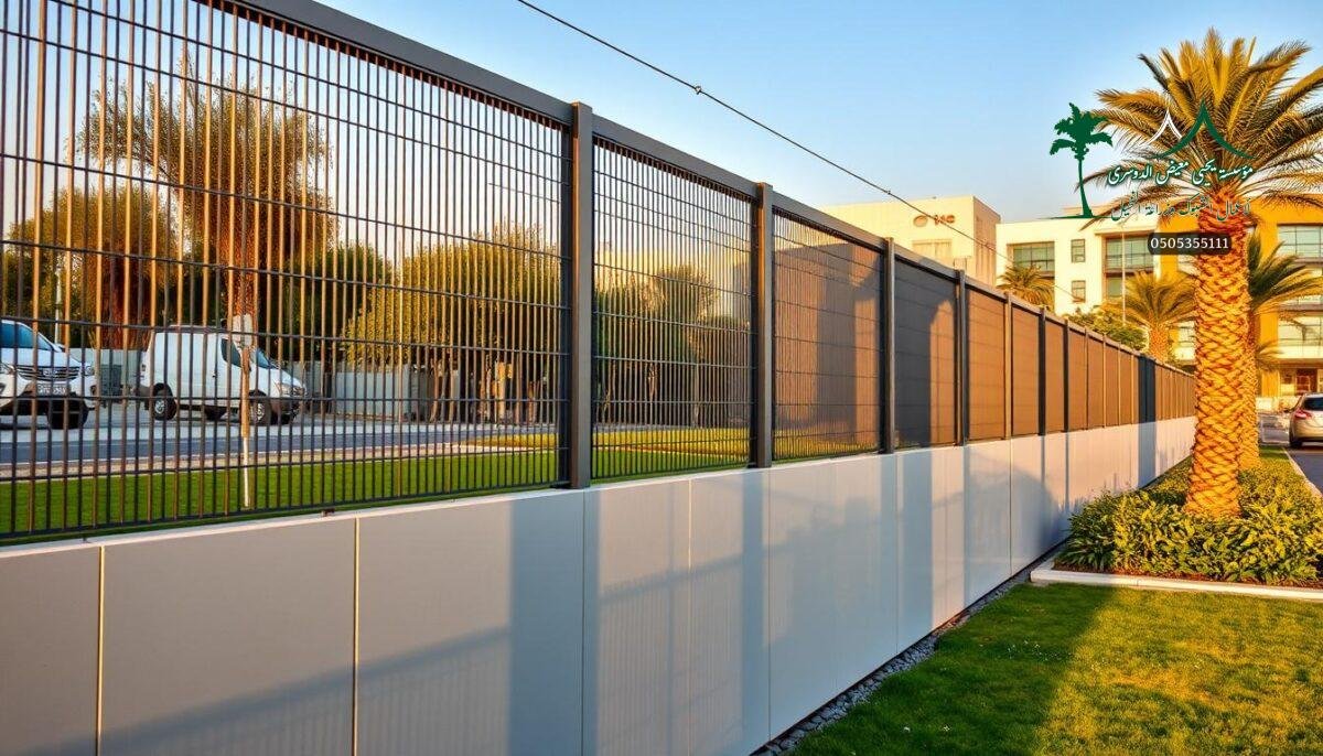 A modern, sleek security fence in Dammam, Saudi Arabia, with clean lines and a minimalist design. The fence is made of sturdy metal mesh panels, expertly installed by skilled workers, creating an integrated security system that seamlessly blends into the urban landscape. The fence casts long, dramatic shadows in the warm, golden light, reflecting the importance of safety and protection in this thriving city. In the background, lush greenery and modern architecture create a harmonious, well-planned environment, emphasizing the integration of security measures within the overall aesthetic. The scene conveys a sense of sophistication, efficiency, and a commitment to creating a secure, yet visually appealing, public space.