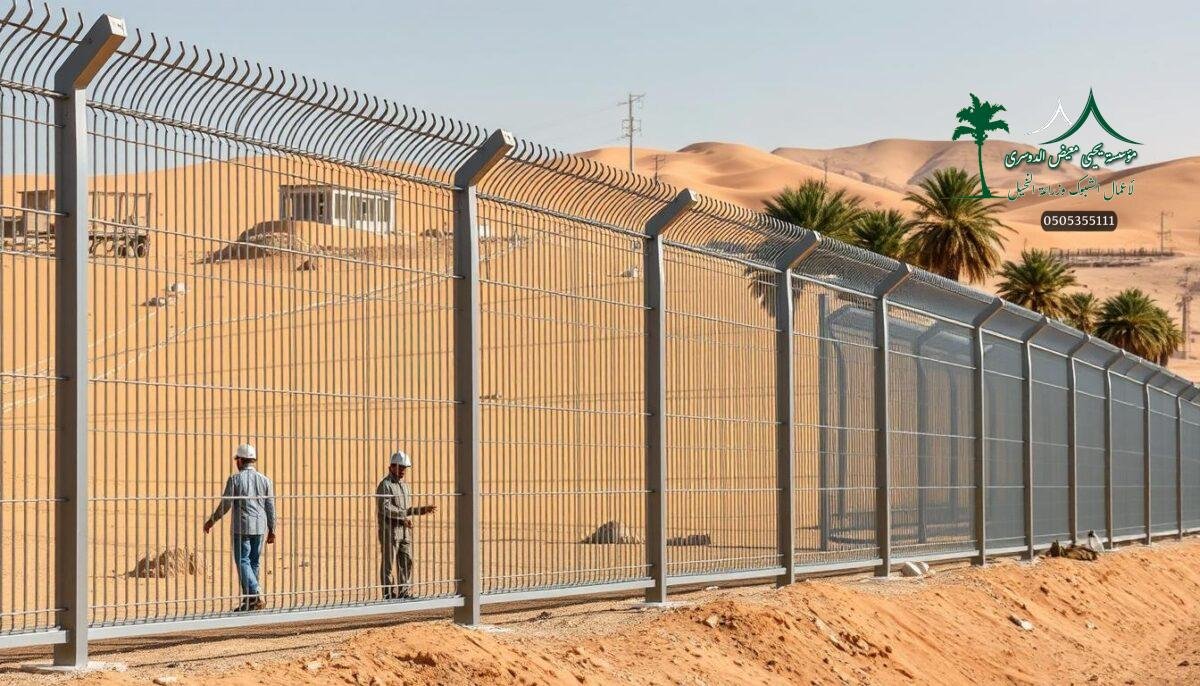 A modern, sturdy metal mesh fence stands tall, its sleek, galvanized steel panels reflecting the warm desert sun. Smooth, vertical bars interweave with horizontal wires, creating a strong, yet minimalist design that blends seamlessly into the rugged Jazan landscape. In the foreground, a team of skilled workers carefully install the fence, their movements precise and efficient, ensuring the security barrier is both visually appealing and highly functional. The mid-ground features the undulating terrain of the Saudi Arabian countryside, with rolling hills and sparse vegetation characteristic of the region. In the distance, the horizon is dotted with the silhouettes of mature date palms, their fronds swaying gently in the warm, desert breeze. The overall atmosphere conveys a sense of reliability, durability and environmental harmony - a fence built to withstand the challenges of the Jazan climate.