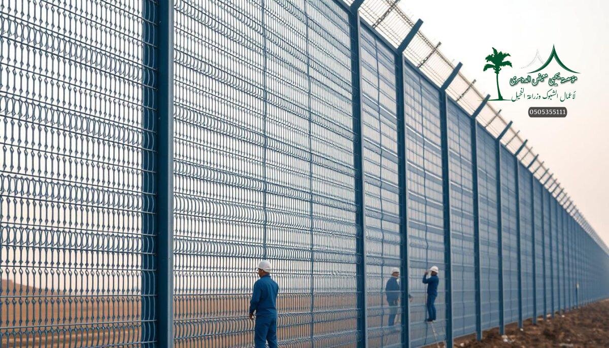 A modern, weather-resistant metal mesh fence stands tall, its intricate lattice weaving a secure barrier against the elements. Sturdy vertical posts anchor the fence, their clean lines cutting against the warm hues of the Saudi Arabian landscape. In the foreground, a team of skilled workers diligently install the fence, their movements precise and measured, ensuring a flawless finish. The fence's rugged construction and sleek aesthetic make it an ideal choice for protecting farms, sports facilities, and other outdoor spaces, blending form and function seamlessly. Soft, diffused lighting casts gentle shadows, accentuating the fence's industrial elegance and the care taken in its installation.