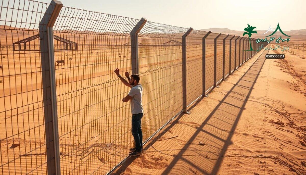 A modern, well-crafted agricultural fence in Hail, Saudi Arabia. The robust metal mesh barrier cuts an elegant silhouette against a warm desert landscape. Skilled workers carefully install the sturdy panels, ensuring the fence's strength and durability. Bright sunlight casts long shadows, creating a sense of depth and dimension. The fence's clean lines and sleek design blend seamlessly with the surrounding farmland, reflecting the region's progressive approach to rural infrastructure. An establishing shot captures the fence's impressive scale, showcasing its role in securing and protecting the productive fields of Hail.