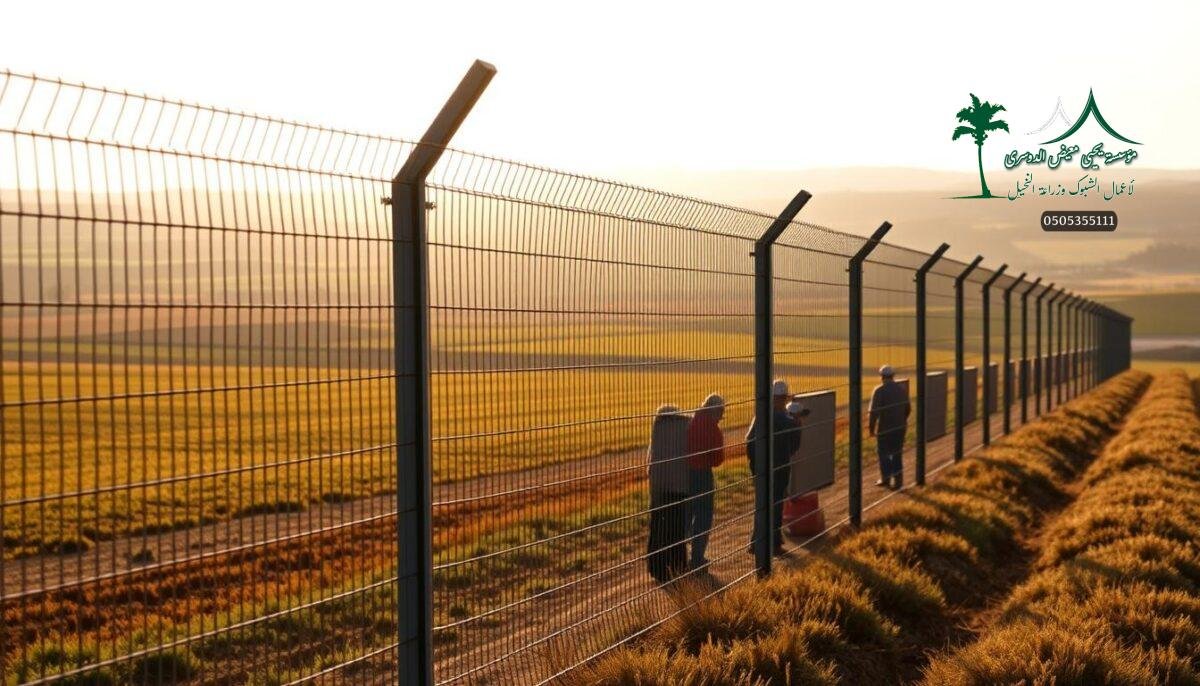 A modern, well-designed farm security fence dominates the foreground, its intricate metal mesh panels expertly installed by a team of workers. The fence seamlessly blends form and function, providing robust protection while maintaining an elegant, industrial aesthetic. In the middle ground, sprawling fields and rolling hills create a picturesque rural landscape, hinting at the productive agricultural activities taking place within. The scene is bathed in warm, golden light, conveying a sense of tranquility and productivity. The overall atmosphere evokes a harmonious coexistence between modern infrastructure and the natural environment, highlighting the importance of thoughtful fence selection for both practical and aesthetic considerations.