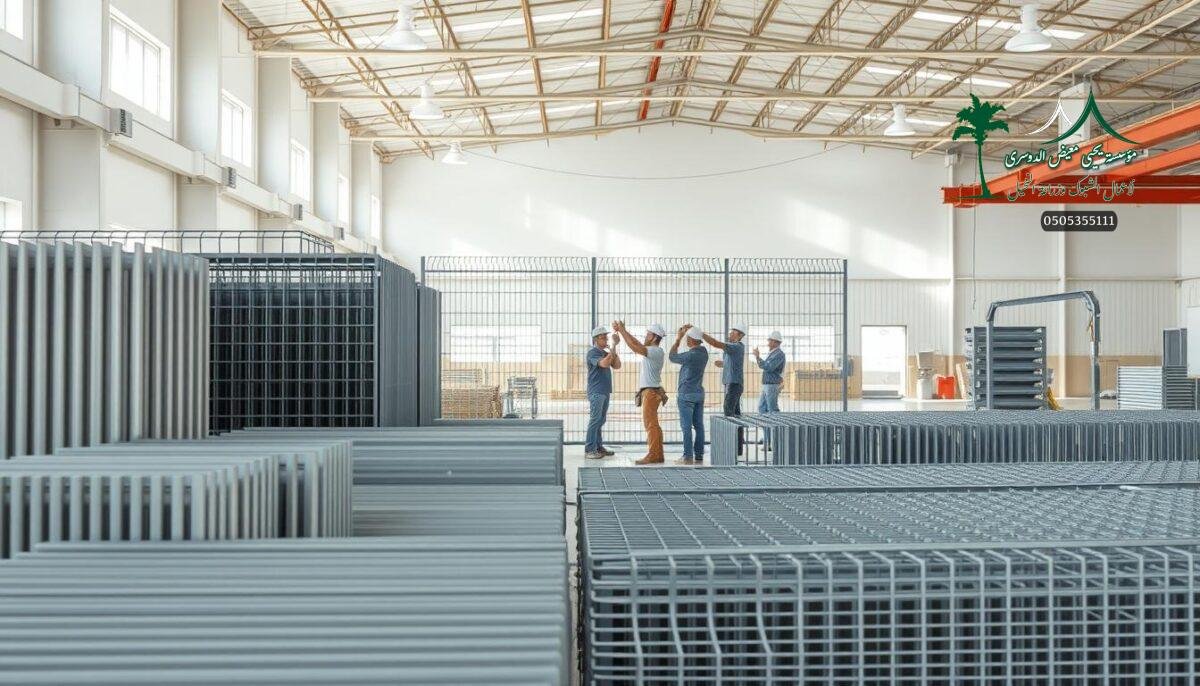 A modern, well-lit metal mesh security fence factory showroom in Dammam, Saudi Arabia. In the foreground, an array of sturdy, high-quality metal fencing panels in various neutral colors and designs are neatly displayed. In the middle ground, several workers are carefully assembling and installing a large, strong-looking fence section, showcasing the construction process. The background features a clean, minimalist warehouse space with plenty of natural light flooding in, giving an aura of professionalism and attention to detail. The overall scene conveys a sense of reliability, durability, and state-of-the-art fencing solutions tailored for sports facilities in the region.