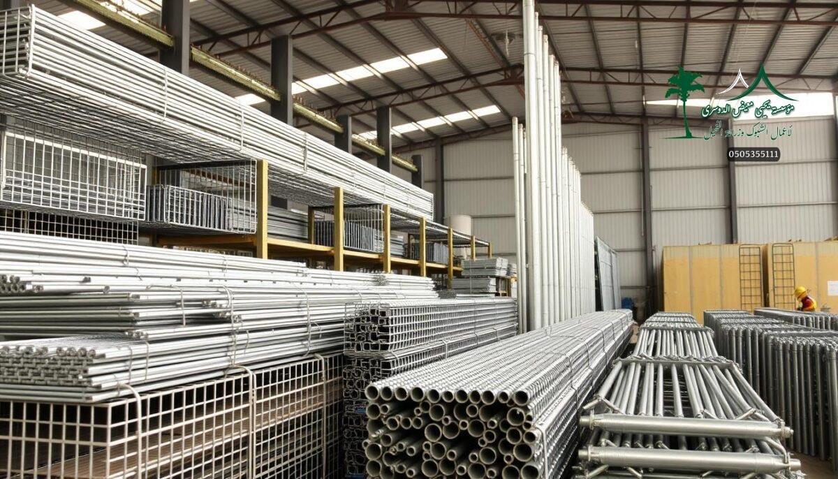 A modern, well-lit warehouse showcasing an array of galvanized materials for constructing high-quality farm and security fences. Sturdy metal mesh panels, robust steel posts, and specialized fasteners are neatly organized, ready for skilled workers to precisely assemble the fencing components. The scene captures the engineering expertise and attention to detail required to build durable, long-lasting fences that will protect the farmlands of Buraydah in 2026.