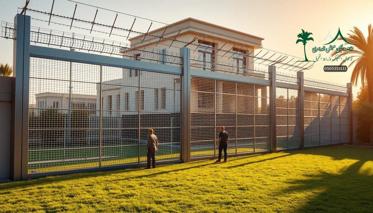 A pair of electric and barbed wire fences stand tall, their metallic frames casting long shadows across the lush, manicured lawn. Sleek, modern lines and a satin-smooth finish convey a sense of high-end security, befitting a luxurious villa in the heart of Mecca. In the foreground, a team of skilled workers meticulously install the intricate mesh panels, ensuring a seamless, flawless integration with the surrounding architecture. Warm, golden sunlight filters through, illuminating the fences' imposing yet elegant presence, a testament to the perfect balance of form and function.