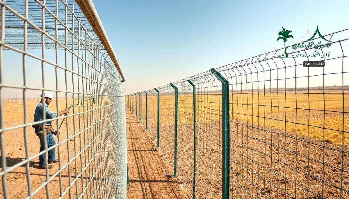 A panoramic view of a well-crafted, durable farm fence system in the heart of Hail, Saudi Arabia. The foreground showcases skilled workers meticulously installing a sturdy, corrosion-resistant metal mesh, ensuring long-lasting security and protection for the modern agricultural landscape. In the middle ground, the fence panels seamlessly blend form and function, featuring a sleek, contemporary design that complements the rural setting. The background depicts the expansive, sun-drenched farmland, creating an atmosphere of reliability and longevity. Soft, diffused lighting accentuates the fence's robust construction, instilling a sense of quality and endurance.