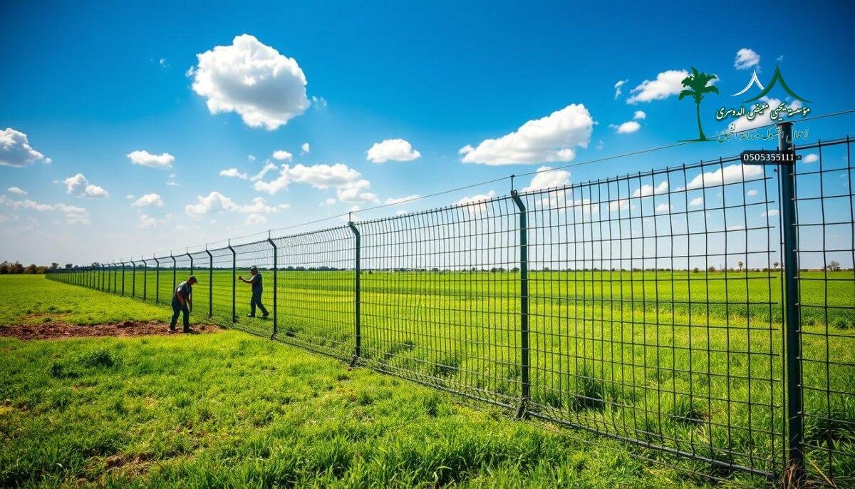 A pastoral scene of a modern farm in Saudi Arabia, with diligent workers carefully installing a sturdy metal mesh fence to provide security and protection. The fence stretches across the lush green fields, its sleek, metallic lines contrasting with the verdant landscape. Dappled sunlight filters through the fence, casting intricate shadows on the ground. The fence seamlessly blends form and function, creating a visually striking yet practical barrier to safeguard the property. In the background, a clear blue sky dotted with fluffy clouds completes the serene and secure atmosphere, showcasing the ideal fence solution for this rural setting.