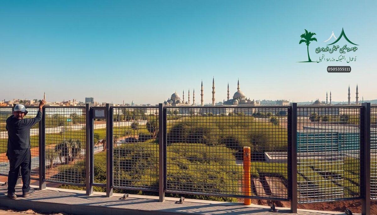 A picturesque scene of a modern metal mesh fence being installed in Mecca, Saudi Arabia. The sturdy, sleek iron railings cast dramatic shadows, creating an elegant interplay of light and shadow. In the foreground, skilled workers meticulously position the shiny metal panels, their movements precise and intentional. The middle ground features a lush, verdant landscape, providing a naturalistic contrast to the industrial fence. In the background, the iconic domes and minarets of Mecca's architecture rise majestically, a subtle reminder of the region's rich cultural heritage. The overall atmosphere is one of thoughtful design, blending functionality and aesthetics to create a secure, yet visually striking, solution for the city's residential areas.