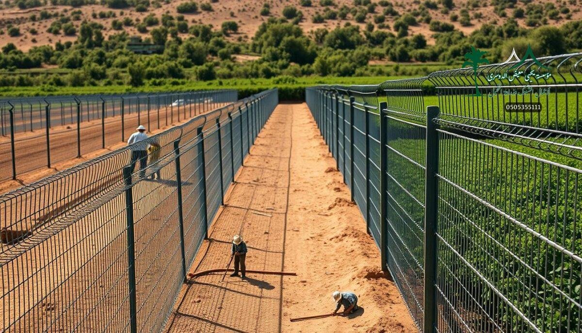 A pristine agricultural landscape in Khamis Mushait, Saudi Arabia. Rows of robust metal mesh fences stretch out, their intricate patterns casting dynamic shadows under the warm desert sun. In the foreground, skilled workers meticulously install the durable fencing, ensuring a secure and functional perimeter for the modern farm. The mid-ground features an array of fencing types, from sturdy wire mesh to decorative steel bars, showcasing the diverse and high-quality offerings available. The background is dominated by lush greenery, hinting at the thriving agricultural activities within the well-protected compound. The scene radiates a sense of reliability, efficiency, and attention to detail - an accurate representation of the region's exceptional fencing solutions for 2026.