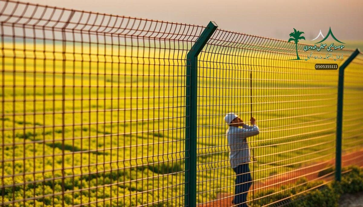 A pristine, high-quality metal mesh fence stretches across a verdant Saudi Arabian farmland, its sturdy construction and sleek finish reflecting the precision engineering behind its design. The fence's intricate lattice-work pattern, illuminated by warm, diffused sunlight, exudes an aura of durability and longevity, hinting at its exceptional lifespan. In the foreground, skilled workers meticulously install the fence panels, their movements graceful and deliberate, showcasing the expertise and care invested in ensuring a secure, long-lasting perimeter. The overall scene conveys a sense of reliability, quality assurance, and a commitment to the farm's enduring protection.