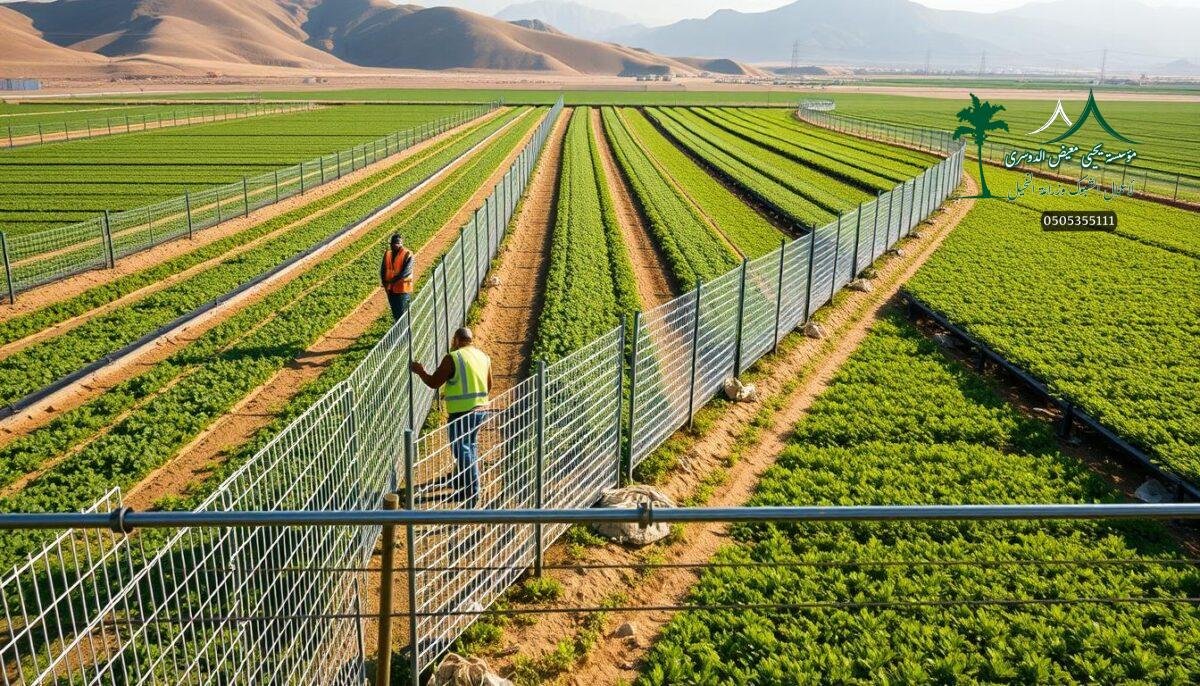 A pristine, modern farm in the heart of Saudi Arabia's Jouf region. Rows of sturdy, galvanized steel wire mesh fencing stretch across the lush fields, creating a secure perimeter that defies the harsh weather. Workers in high-visibility vests carefully install the durable panels, ensuring a seamless, uniform grid that blends effortlessly with the landscape. The fencing, designed to withstand extreme temperatures and wind, casts long shadows as the sun filters through, imbuing the scene with a sense of rugged practicality. The overall impression is one of strength, reliability, and a keen attention to both form and function.