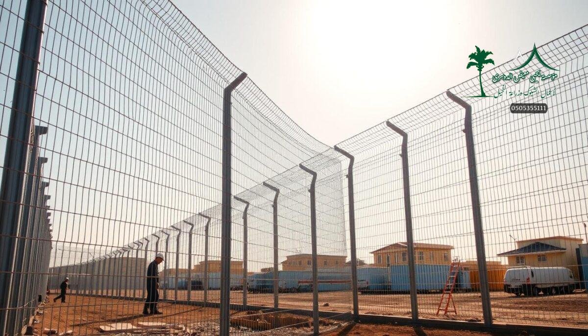 A pristine, modern wire mesh fence standing tall in the heart of Saudi Arabia. Sturdy metal posts support the intricate web of galvanized steel, creating an impenetrable barrier against intruders. Sunlight glints off the polished surface, casting a warm glow across the scene. In the foreground, skilled workers meticulously install the fence, their movements precise and efficient. The fence extends into the distance, curving gracefully to follow the contours of the landscape. A symbol of security and protection, this fence safeguards homes and businesses, ensuring the utmost safety for the community.