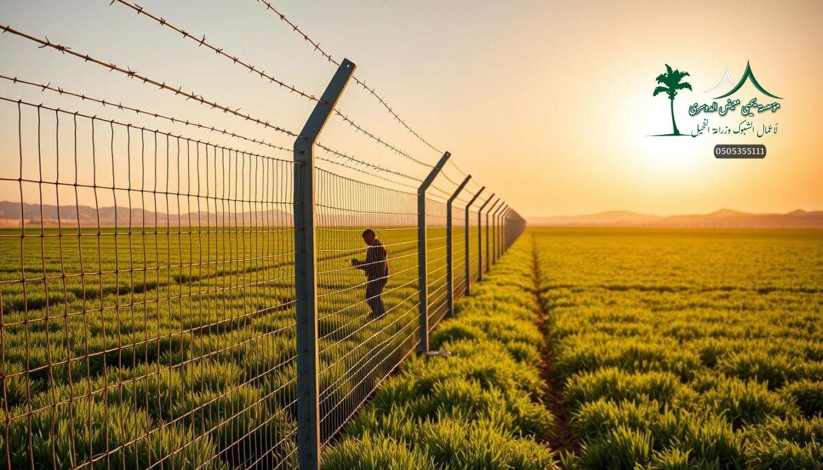 A razor-sharp electric and barbed wire fence stretching across a lush green field, casting long shadows under the warm desert sun. Sleek metal posts and taut wires create a formidable barrier, while skilled workers carefully install the intricate mesh panels. The scene exudes an air of security and protection, perfectly suited for safeguarding the modern farm in the heart of Saudi Arabia. Subtle textures and strategic lighting lend a rugged, industrial feel, underscoring the fence's robust design and its vital role in maintaining the property's safety and integrity.