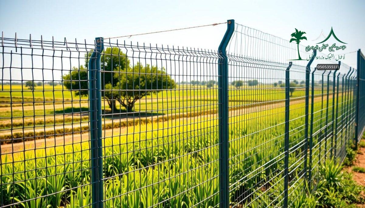 A rugged and corrosion-resistant galvanized steel mesh fence stands tall, its intricate woven pattern casting dynamic shadows across the sun-drenched farmland. Meticulously crafted from high-quality materials, this sturdy barrier seamlessly blends form and function, providing reliable security for the modern Saudi Arabian farm. Skilled workers carefully install the mesh, each strand precisely aligned to create a sleek, uniform appearance. The fence's industrial aesthetic conveys a sense of strength and durability, perfectly complementing the lush, verdant landscape surrounding it. Subtle highlights accentuate the mesh's metallic sheen, while soft, diffused lighting enhances the scene's natural ambiance. This versatile fencing solution embodies both practical functionality and aesthetic appeal, making it an ideal choice for the discerning farmer.