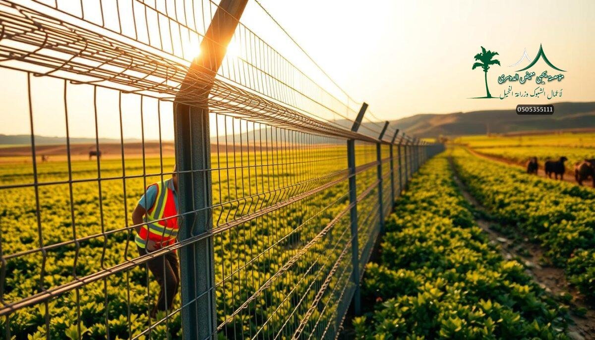 A rugged metal mesh fence stretches across a lush, verdant farmland in Saudi Arabia. Sturdy steel posts and thick wire grids create a robust, protective barrier, designed to safeguard crops and livestock. In the foreground, workers in high-visibility vests carefully install the fence, their skilled hands weaving the mesh with precision. The sun casts warm, golden light, illuminating the scene and highlighting the fence's utilitarian yet elegant design. In the background, rolling hills and a clear sky provide a serene, pastoral backdrop, underscoring the fence's integral role in the region's thriving agricultural landscape.