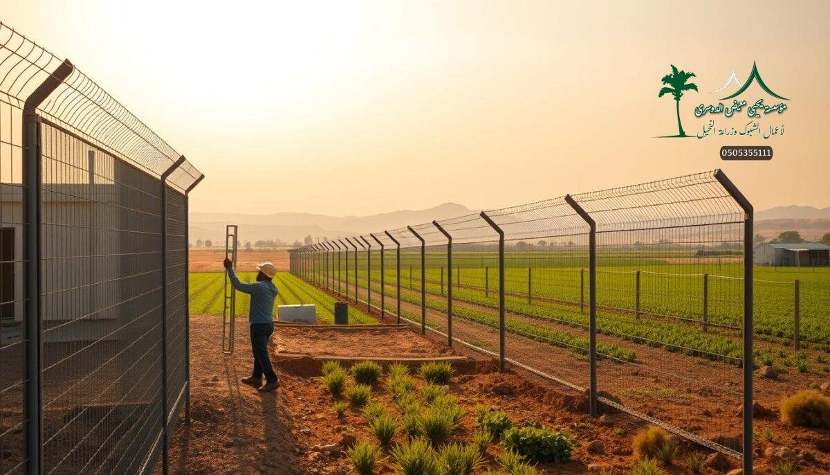 A rural Saudi Arabian landscape in warm afternoon light. In the foreground, skilled workers install heavy-duty metal mesh fencing, creating a robust security barrier around a modern farm. The fencing seamlessly integrates with the surrounding architecture, blending form and function. In the middle ground, the fencing continues, its linear patterns echoing the geometric shapes of the farm buildings. Lush greenery and desert terrain stretch out in the background, hinting at the productive agricultural environment protected by this carefully engineered fencing solution. An atmosphere of industrious progress and practical innovation pervades the scene.