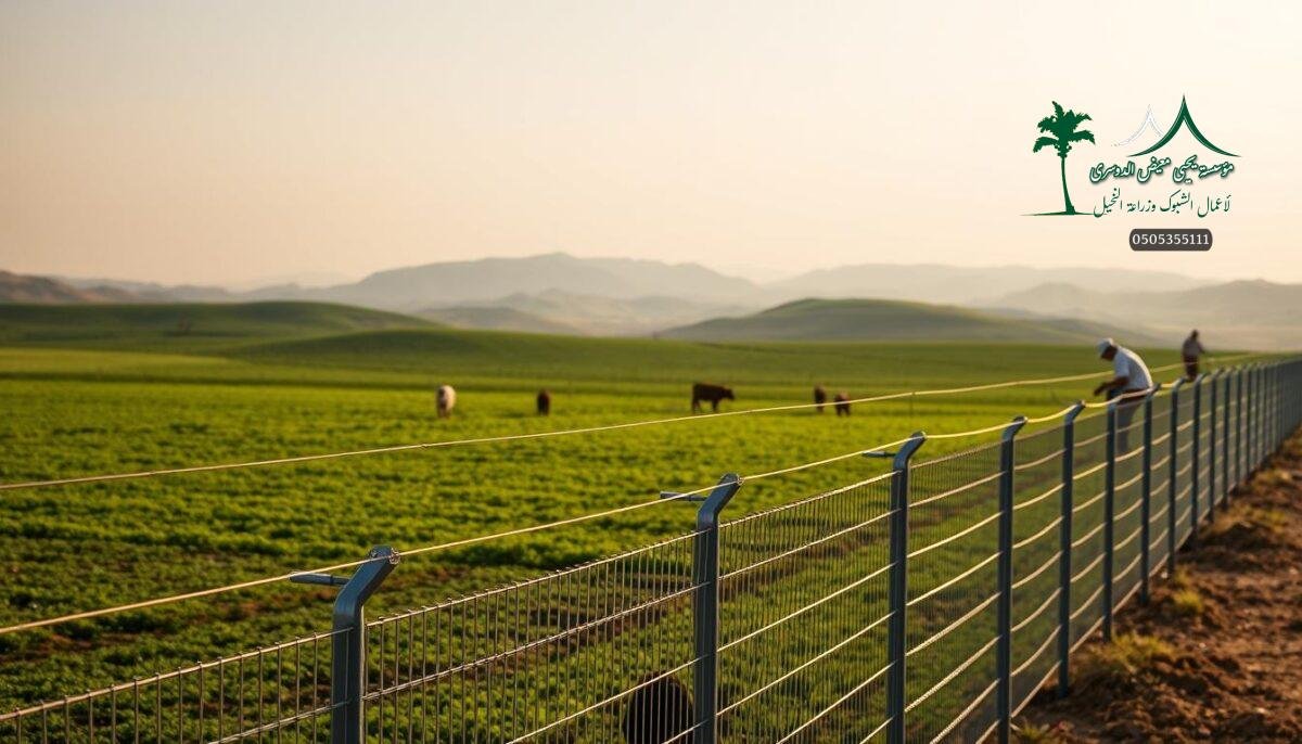 A rural Saudi Arabian landscape, with farmers carefully installing high-quality metal mesh fencing on sturdy steel posts. The fence stretches across the foreground, its sleek metallic sheen catching the warm afternoon sunlight. In the middle ground, lush green fields dotted with livestock provide a peaceful pastoral setting. The background features rolling hills, their contours softened by the hazy horizon. The scene conveys a sense of hard work, security, and the importance of quality fencing to the agricultural community of Bisha.