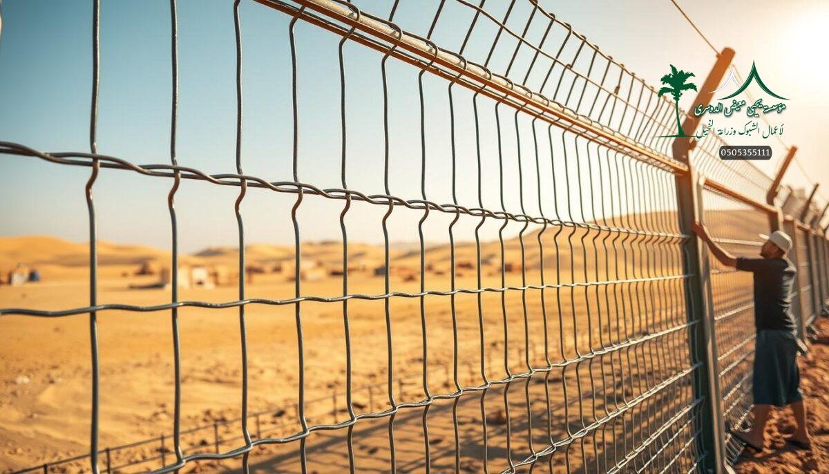 A rustic yet resilient galvanized steel mesh fence, its interlocking metal bars gleaming under the warm desert sun. The sturdy frame is built to withstand the harsh Saudi Arabian climate, its corrosion-resistant design ensuring years of reliable security and protection for modern farms and sports facilities. The intricate pattern of the mesh panels casts dynamic shadows, adding depth and visual interest to the scene. A team of skilled workers carefully installs the fence, their focused movements reflecting the strength and durability of the materials they handle. This image captures the perfect balance of form and function, showcasing a robust and weatherproof fencing solution tailored for the unique demands of the region.
