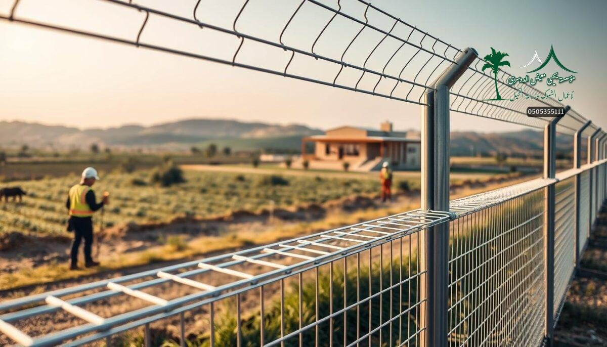 A serene rural landscape in Arar, Saudi Arabia. In the foreground, workers meticulously install a sturdy metal mesh fence, its sleek silver strands creating a protective barrier against intruders. The middle ground showcases the fence's elegant design, blending seamlessly with the surrounding landscape of lush greenery and rolling hills. In the background, a modern farmhouse stands, its warm tones complementing the industrial aesthetics of the security fencing. Soft, diffused natural lighting illuminates the scene, creating a sense of tranquility and security. The overall composition conveys the importance of these advanced fencing solutions in safeguarding the agricultural and residential areas of Arar.