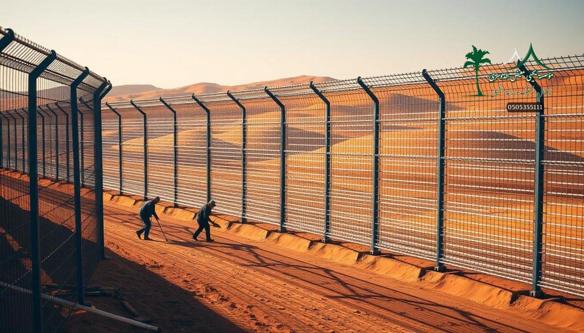 A sleek and robust farm security fence stands tall, its metallic mesh shimmering in the warm desert light. Rows of sturdy posts anchor the system, supporting the intricate interlocking wires that create a secure barrier. In the foreground, workers meticulously install the modular panels, their precision and care evident as they safeguard this modern agricultural landscape. The fence stretches across the rolling hills, blending seamlessly with the natural terrain and providing a sense of rugged protection. Subtle shadows cast by the sun accentuate the fence's angular design, conveying both its strength and visual appeal. This is "شبوك حماية" - a fusion of functionality and elegance, ensuring the longevity and security of the bountiful Bisha farms.
