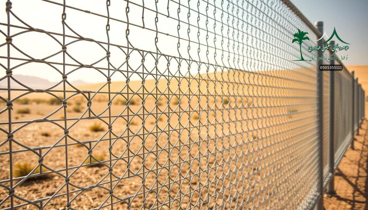 A sleek and sturdy galvanized steel fence, its metal mesh glistening in the warm desert sun. Intricate crisscrossing bars create a secure barrier, perfectly tailored for modern farms and sports complexes in the heart of Saudi Arabia. Skilled workers meticulously install the robust panels, ensuring a seamless and visually appealing integration into the landscape. The fence's durable construction and rust-resistant finish promise long-lasting protection, while its elegant design adds a touch of sophistication to the rural setting. Capture the ideal blend of functionality and aesthetic appeal in this captivating image of a galvanized steel fence, a testament to the region's commitment to security and beauty.