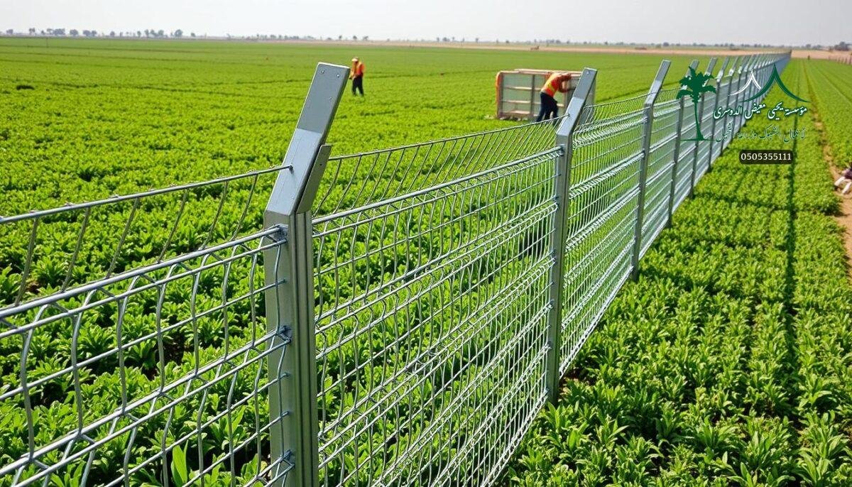 A sleek and sturdy galvanized steel wire mesh fence stretches across a lush green field, its intricate lattice pattern casting dynamic shadows. Sturdy metal posts anchor the fence, their surfaces gleaming with a protective zinc coating. The fence's modular design allows it to seamlessly follow the contours of the land, creating an unobtrusive yet secure barrier. In the distance, workers in safety gear meticulously install additional sections, their movements precise and efficient. The scene exudes a sense of modern, reliable infrastructure blending harmoniously with the natural landscape, perfectly suited for a thriving Saudi Arabian farm in the year 2026.