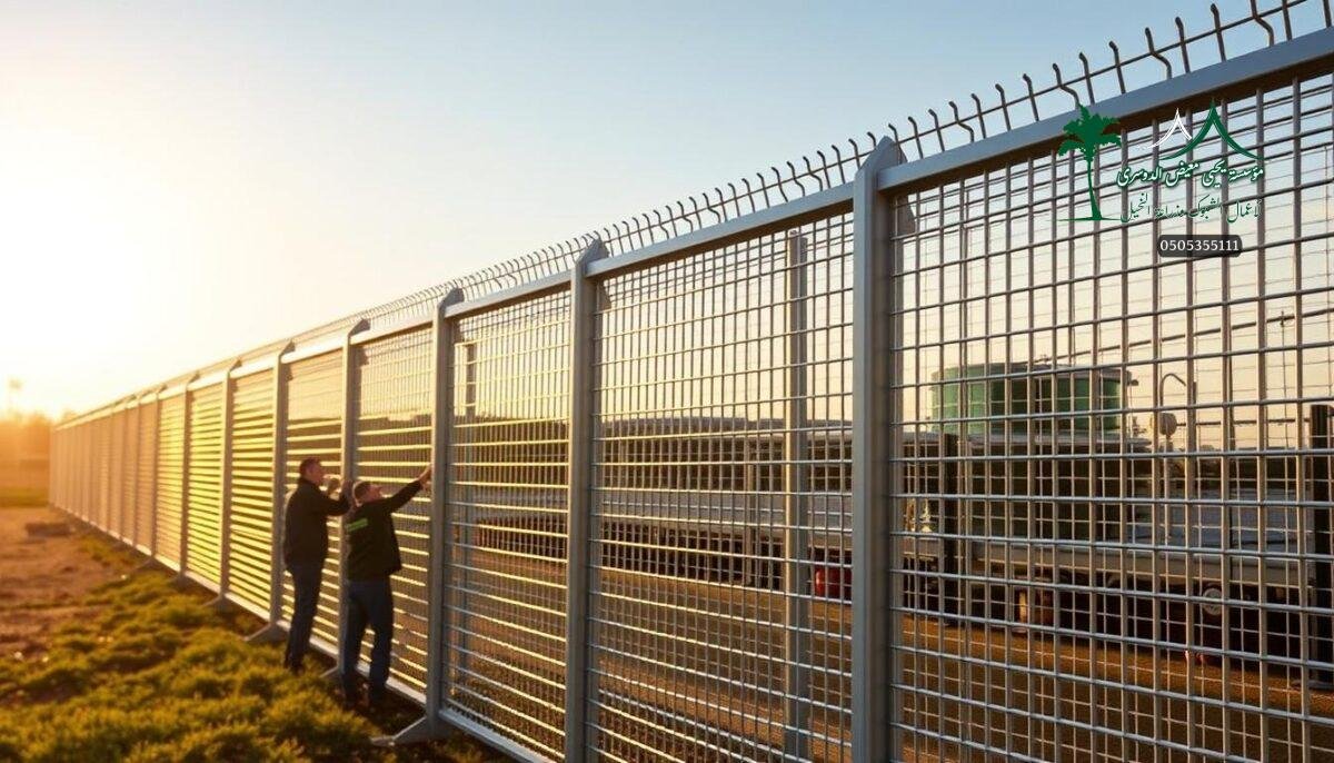 A sleek, galvanized metal mesh fence with a modern, minimalist design stretches across a sun-drenched landscape. The smooth, silver-gray bars glint in the warm light, creating a visually striking and durable security barrier. In the foreground, a team of skilled workers carefully install the robust fencing, ensuring a seamless and secure finish. The fence's clean lines and low-profile aesthetic blend harmoniously with the surrounding architecture, offering both functional protection and an elegant decorative element. The scene conveys a sense of strength, reliability, and attention to detail, perfectly capturing the essence of high-quality, rust-resistant galvanized iron fencing.